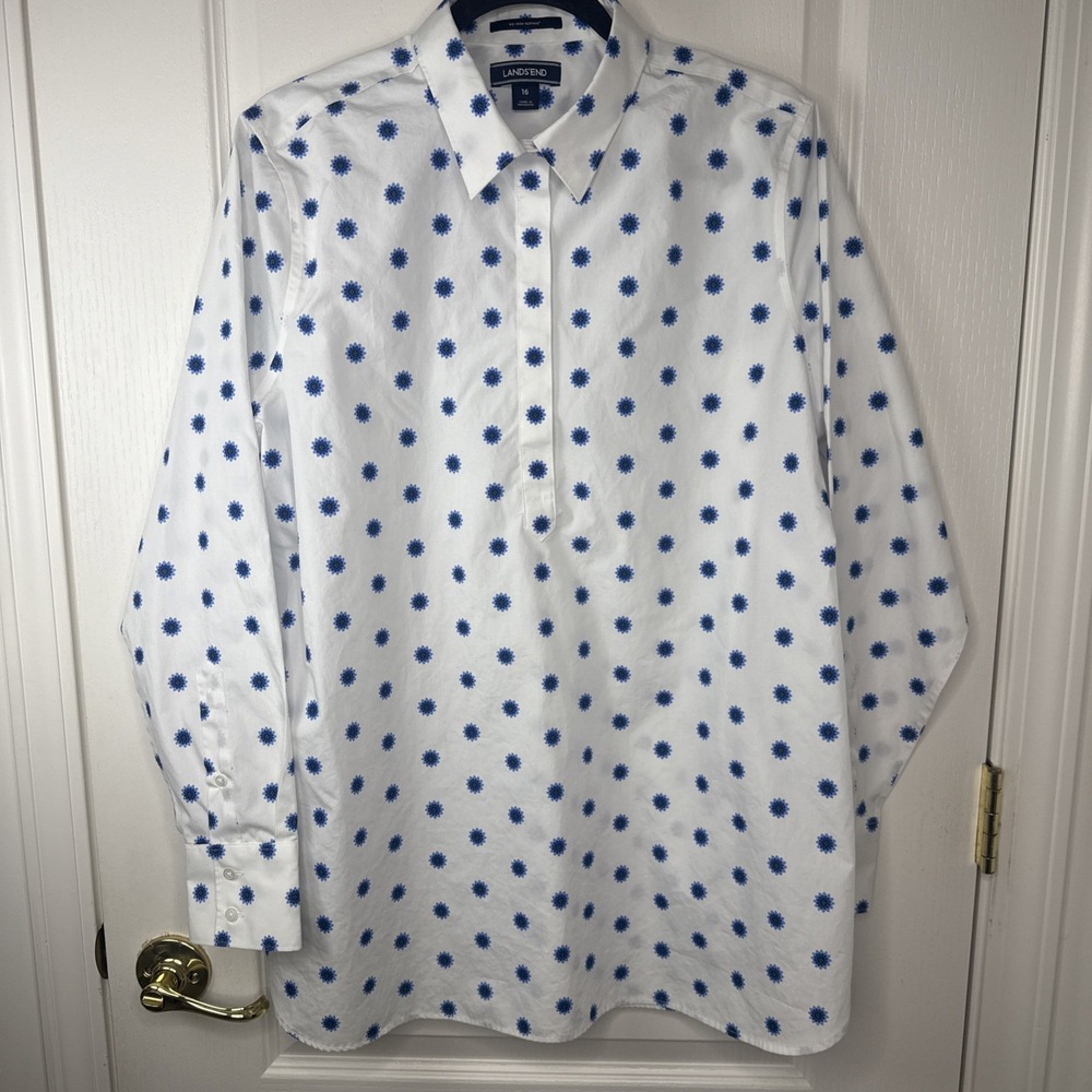 Lands End Womens 16 No Iron Supima Popover Tunic Shirt White Blue Floral Print